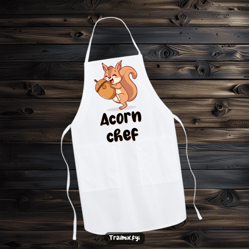 Funny happy squirrel character gleefully hiking up a giant acorn, featured on a durable kitchen apron.