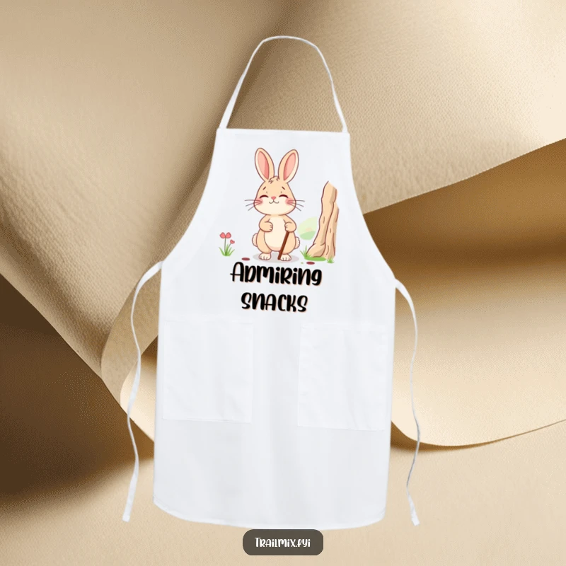 Funny apron: a smiling, tired rabbit with a walking stick pausing to admire a landscape, adding humorous charm to kitchen tasks.
