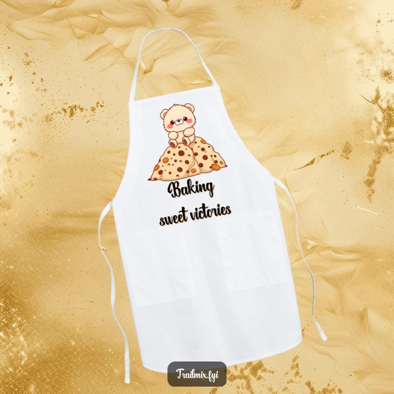 Funny fluffy bear character joyfully hiking up a mountain of cookies on a chef's apron.