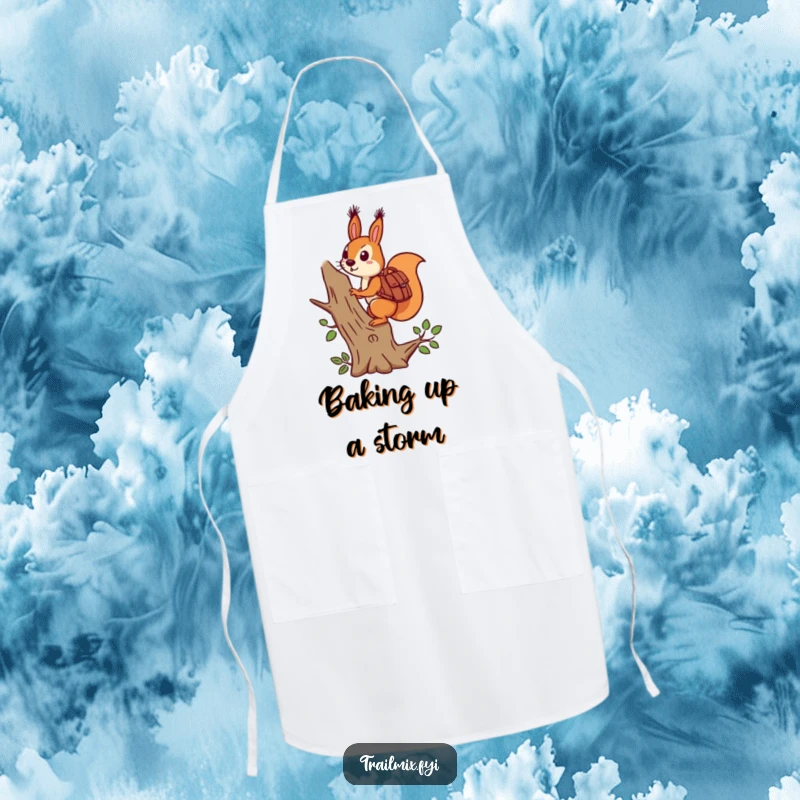 Funny determined squirrel with backpack climbing a tree on a kitchen apron, blending humor and utility.