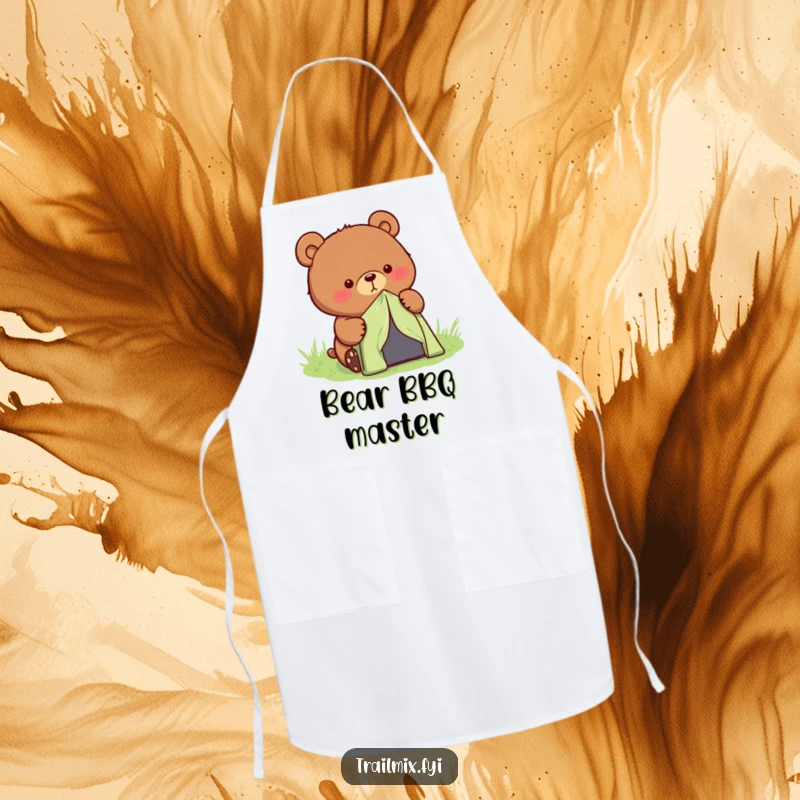 Funny determined bear character setting up a small tent, featured on a durable kitchen apron.