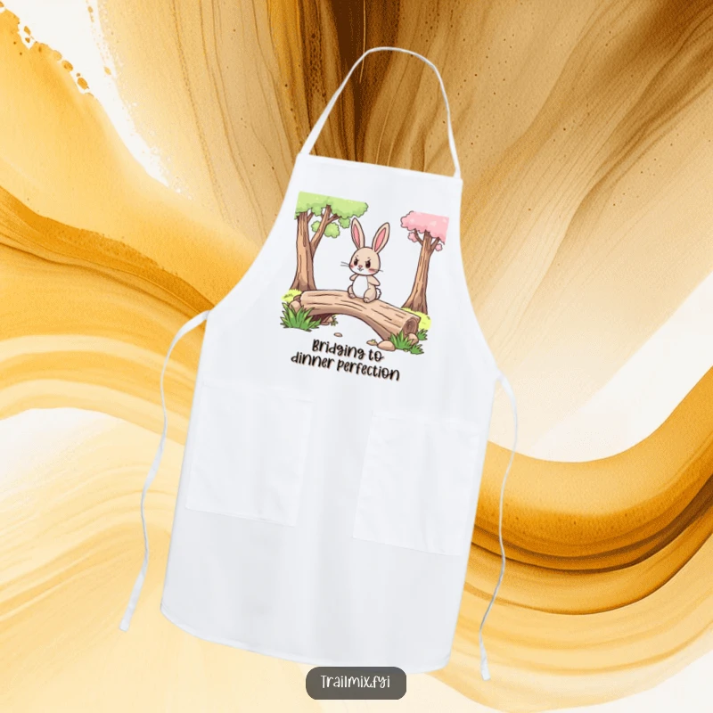 Funny apron illustration: a brave rabbit with a determined expression confidently crossing a log bridge, ready for kitchen tasks.