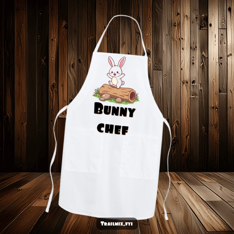 Funny rabbit apron depicting a jovial rabbit happily hopping over a small fallen log, ready for kitchen fun.