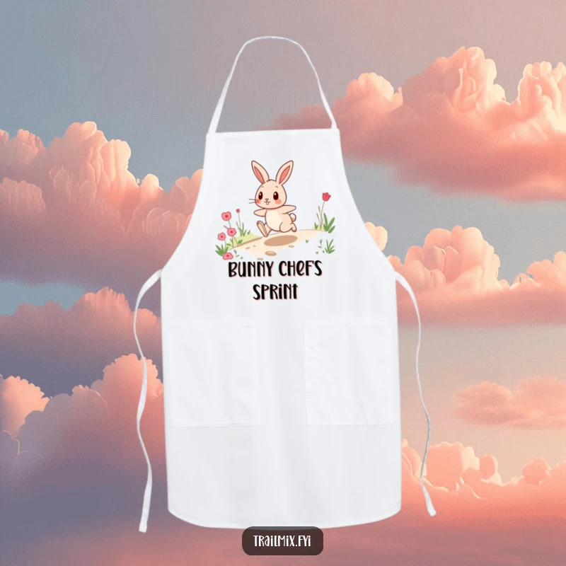 Funny apron depicting a playful rabbit hopping energetically on a trail, ideal for adding fun to kitchen tasks.