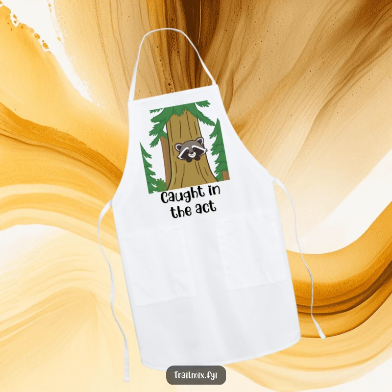 Funny apron features a giggling raccoon hiding behind a pine tree, ideal for kitchen fun and humorous wear.