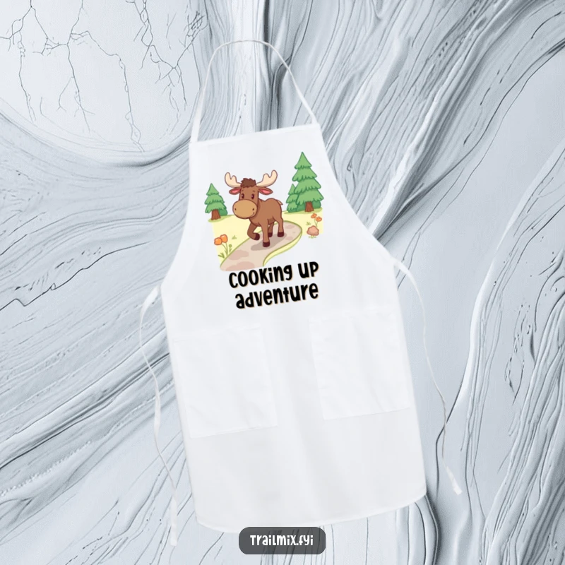 Funny moose apron, illustrated ambling along a forest path, ready to protect your clothes during culinary adventures.