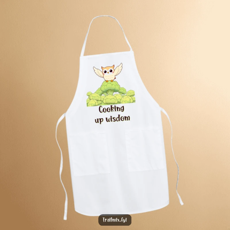 Funny owl character soaring above a broccoli forest, on a practical apron, ideal for a funny kitchen lover.