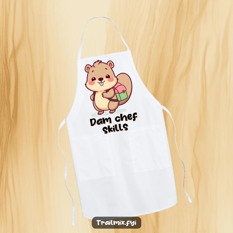 Funny apron with a beaver carrying a backpack, a humorous and practical kitchen accessory for those who love nature.