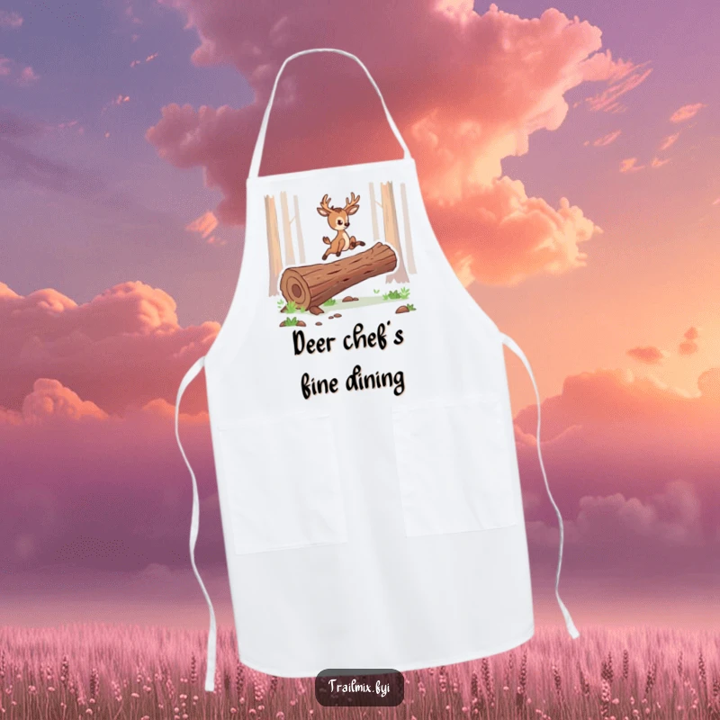 Funny apron showing a determined deer character leaping gracefully over a log, bringing elegance to kitchen tasks.