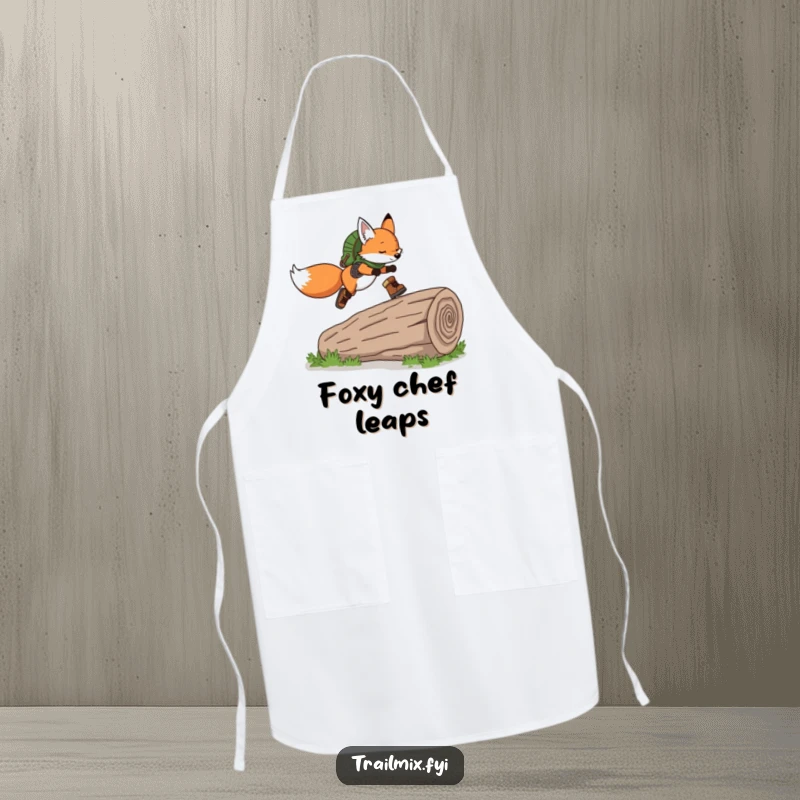 Funny Fox Apron: Kitchen apron featuring a playful fox wearing hiking boots, gracefully leaping over a fallen log, adding a fun touch.