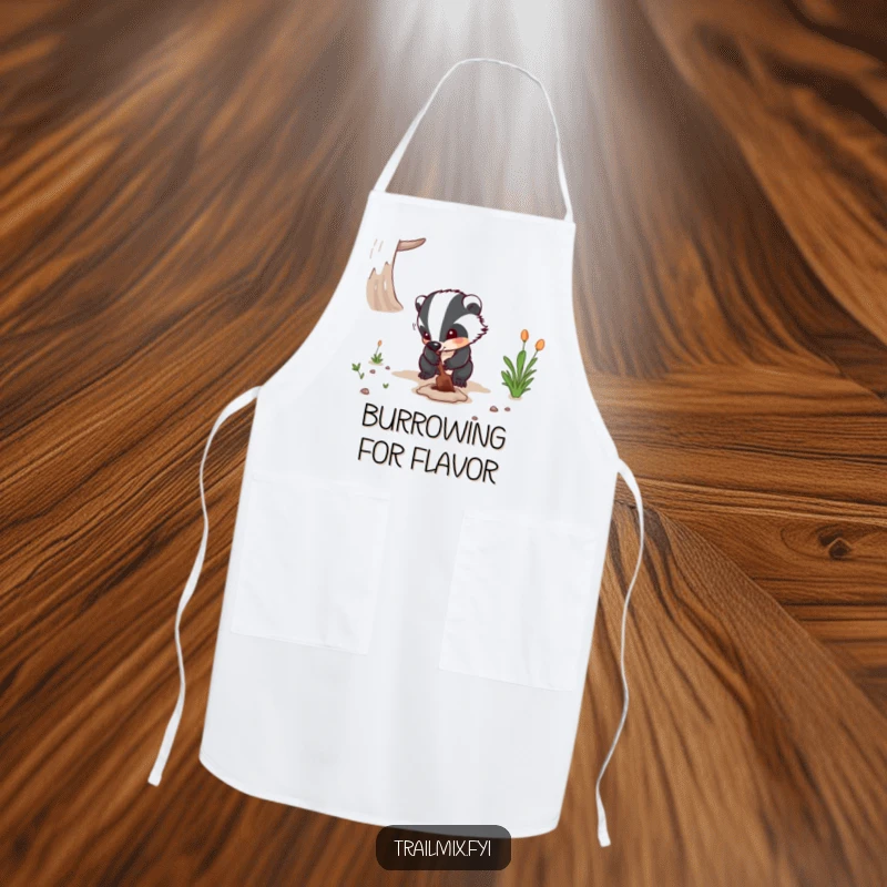 Funny apron featuring a determined badger digging a hole on a path, ideal for kitchen duty and a great funny gift.