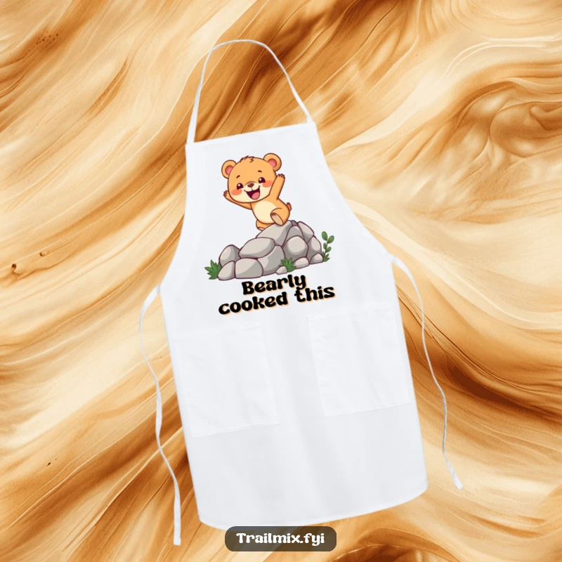 Funny bear cub apron showing a cheerful character enthusiastically climbing a rocky trail, perfect for adding humor to kitchen tasks.