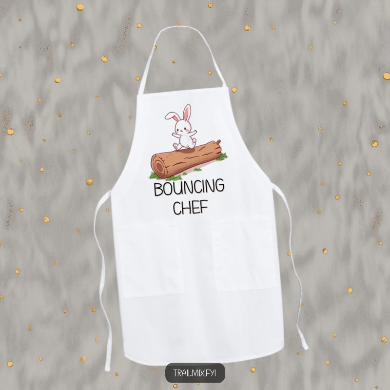 Funny energetic bunny character joyfully skipping over a fallen log, featured on a durable kitchen apron.