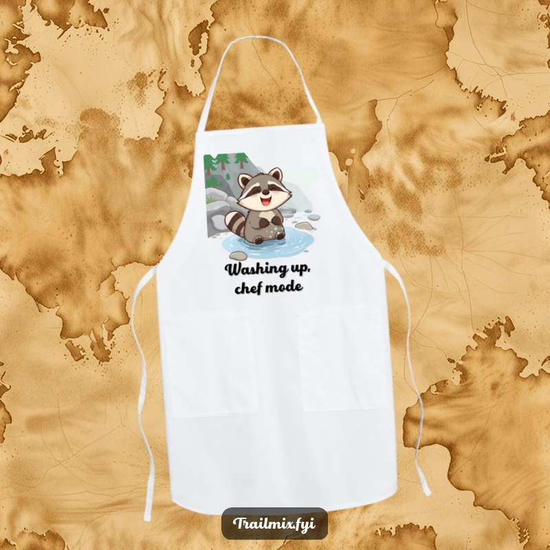 Funny Raccoon Apron displaying a cheerful raccoon happily washing its paws in a stream, bringing humor to cooking and kitchen activities.