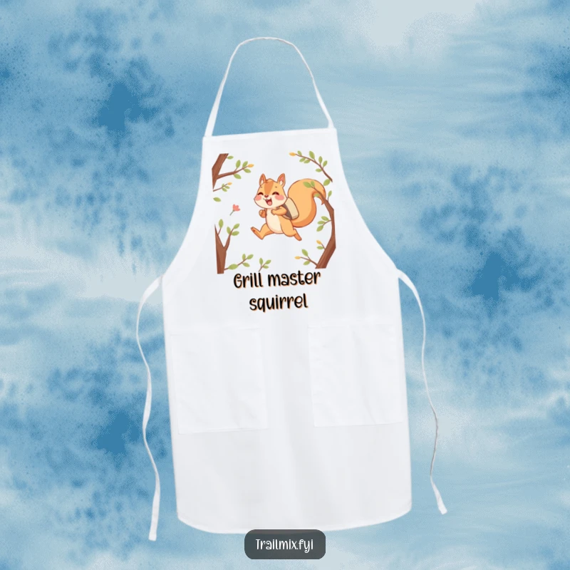 Funny apron depicting a happy squirrel character joyfully leaping between branches with a backpack, ready for culinary adventures.