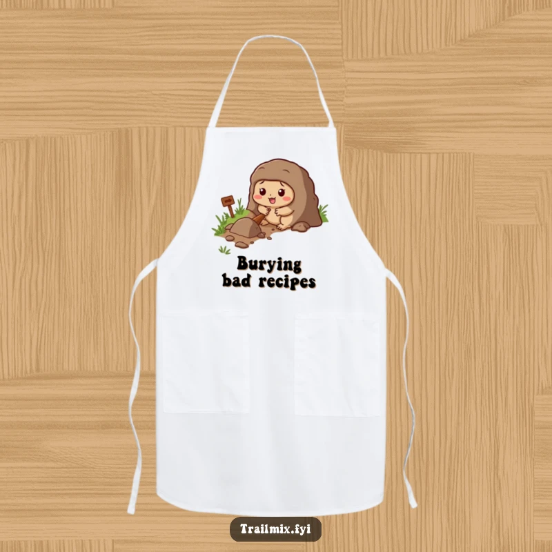 Funny chef apron with a determined mole character digging a tunnel, perfect for kitchen adventures.