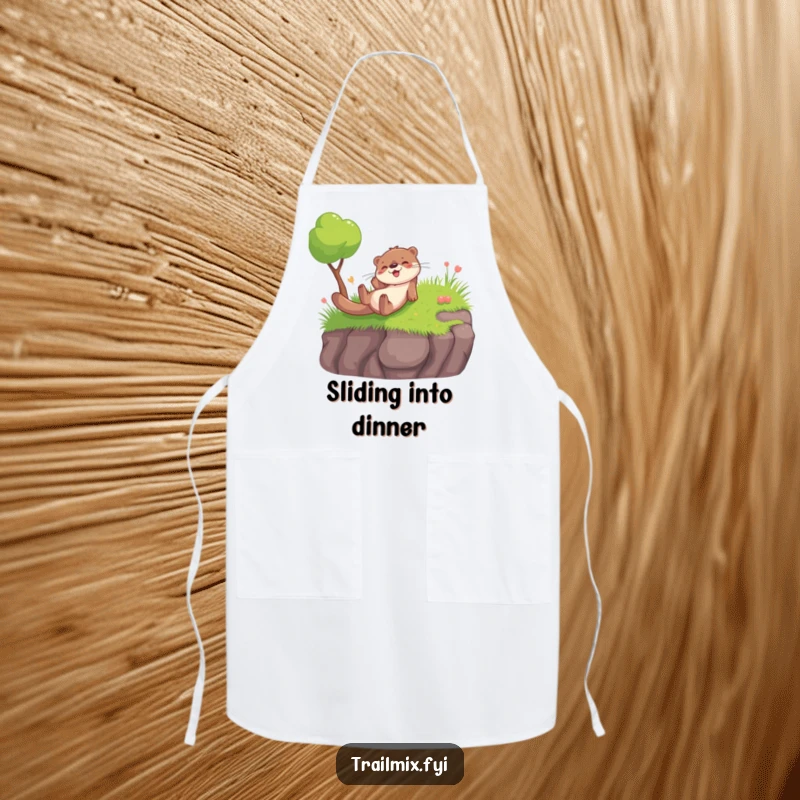Funny apron with a playful otter sliding down a grassy embankment, a humorous and practical kitchen accessory.