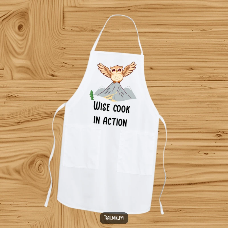 Funny Owl Apron: A joyful owl soars above a mountain trail, adding a touch of whimsical adventure to your kitchen.