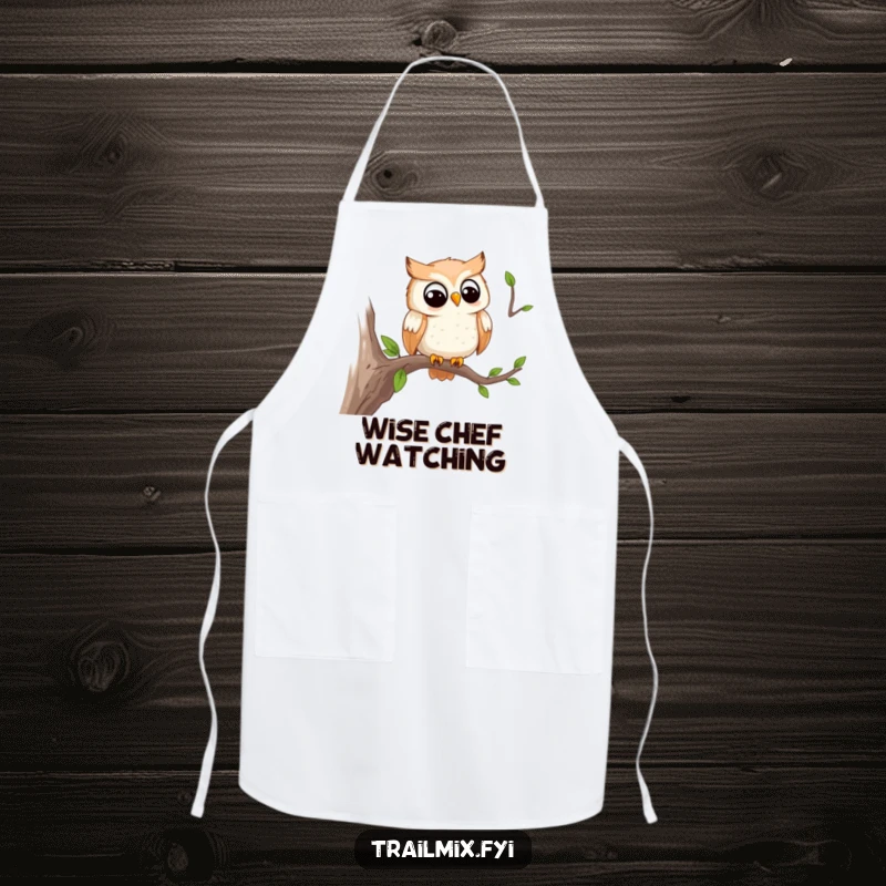 Funny apron with a smiling owl perched on a branch, observing the trail, a humorous and practical kitchen accessory.