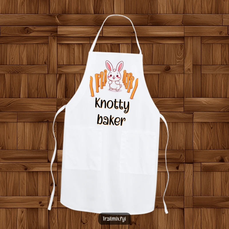 Funny smiling rabbit character happily navigating a maze of pretzel sticks on a chef's apron.