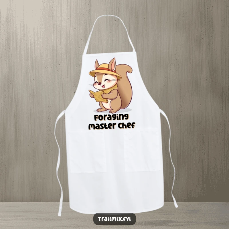 Funny squirrel scout apron, curious about a map while cooking, cheerful woodland character, perfect for kitchen fun.