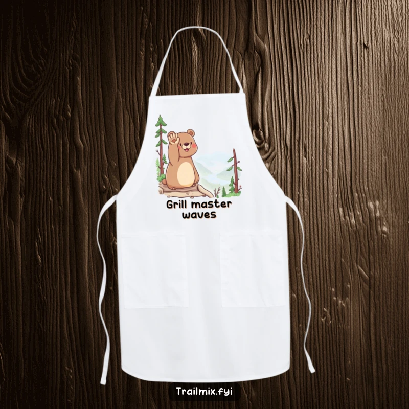 Funny Bear Apron: A happy bear waves hello from a scenic overlook, perfect for adding humor to your cooking attire.
