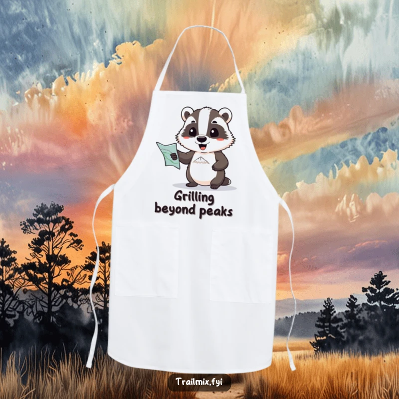 Funny apron: a determined badger with a map comically pointing towards a distant peak, adding humorous direction to kitchen tasks.