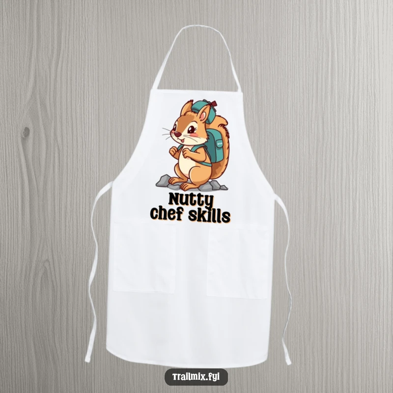 Funny determined squirrel character balancing a backpack on its head while climbing on a chef's apron.