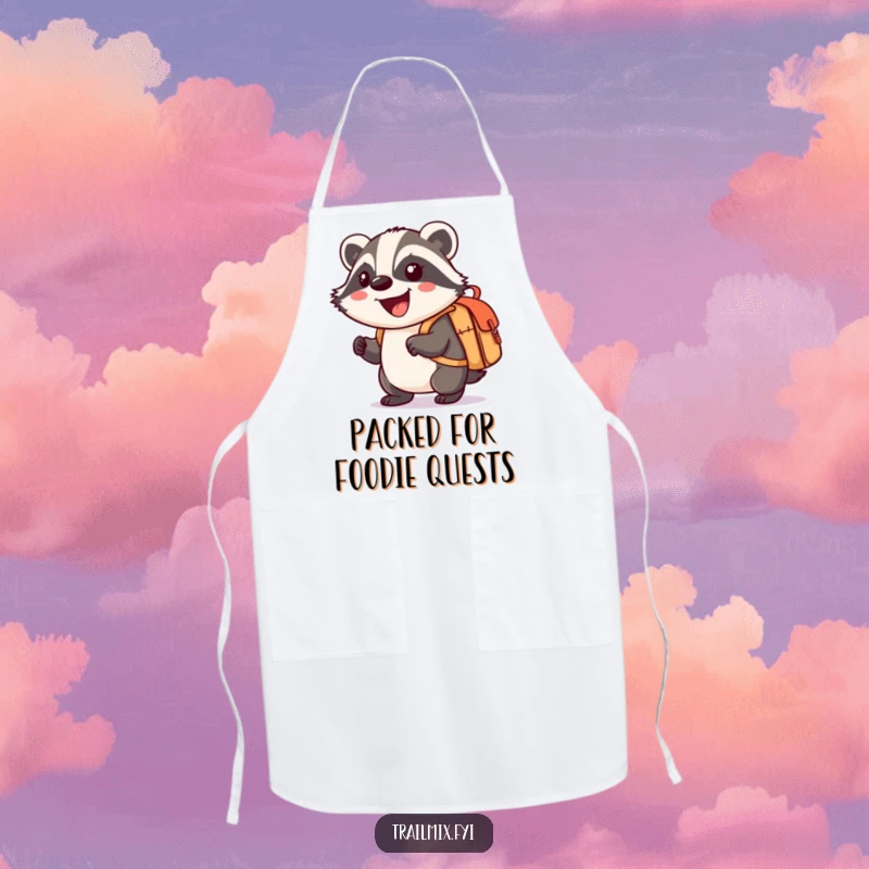 Funny apron showcasing a smiling cartoon badger enthusiastically carrying a small knapsack, perfect for a kitchen adventurer.
