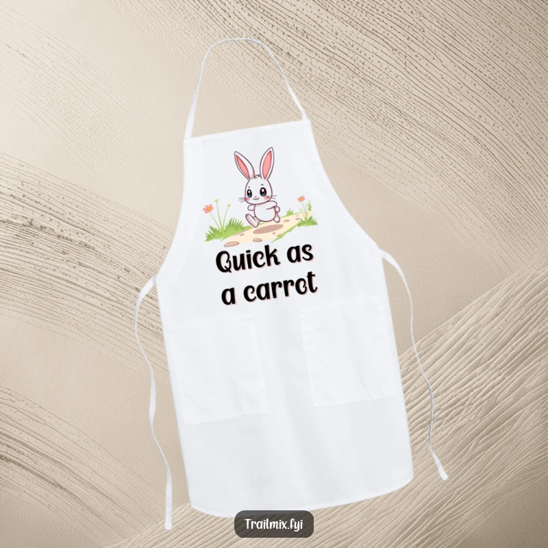Funny playful bunny with wide eyes hopping on a kitchen apron, combining practicality with humor.