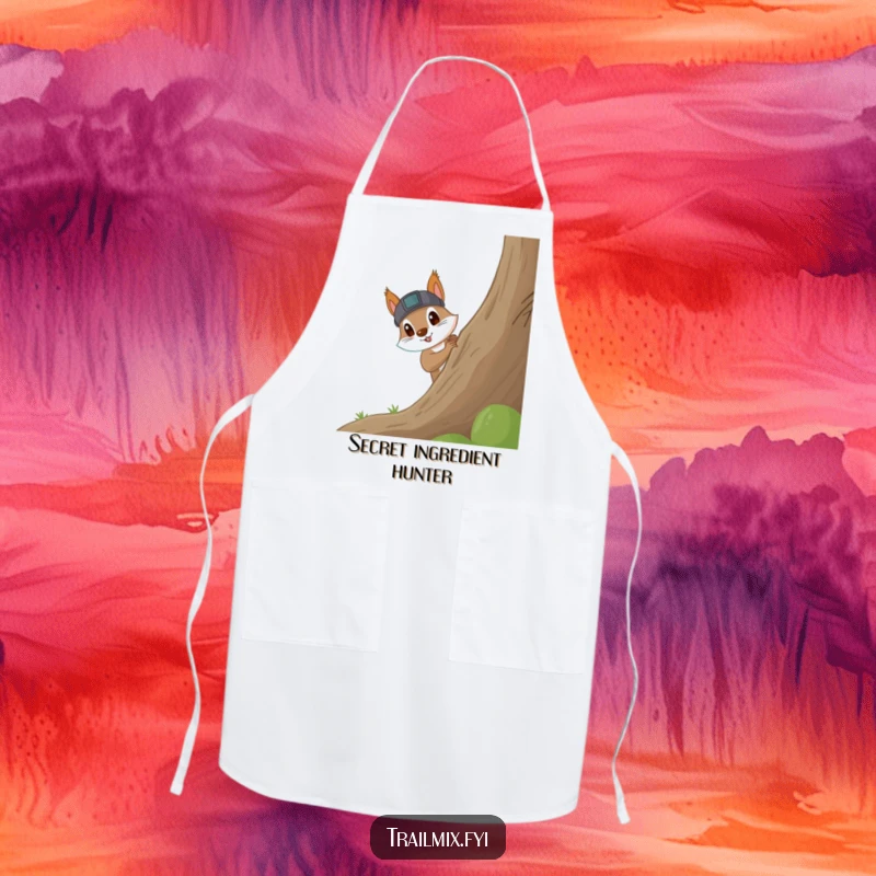 Funny Squirrel Apron: Kitchen apron featuring a curious squirrel wearing a headlamp, excitedly peeking around a large tree, adding a playful touch.
