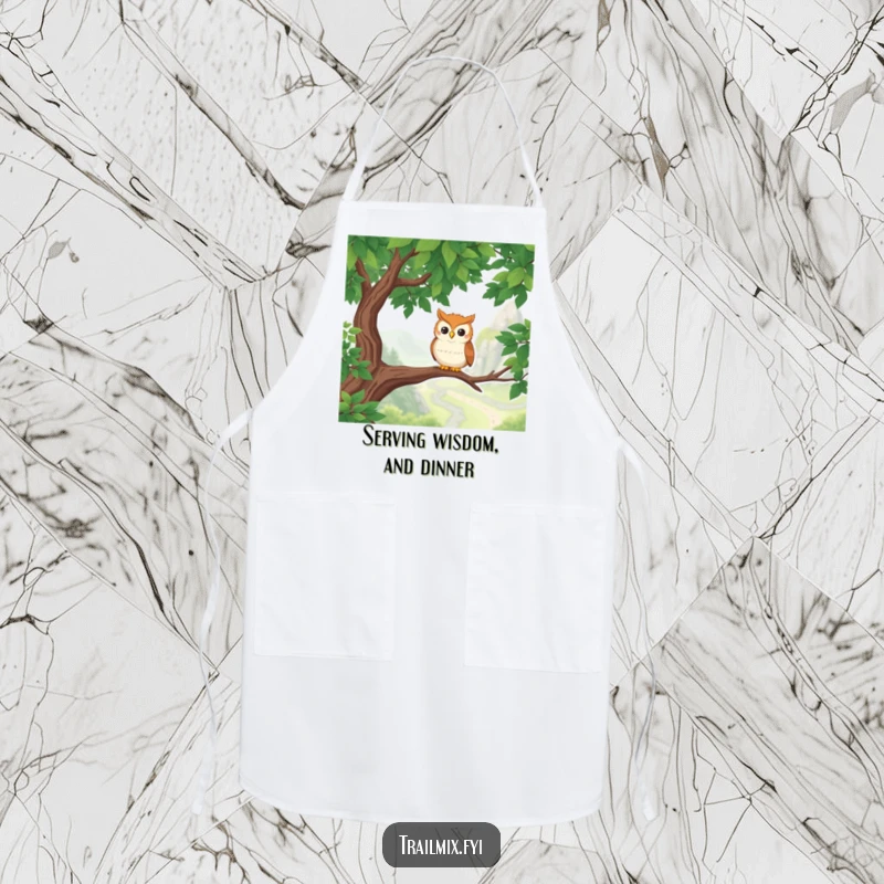 Funny Owl Apron: A smiling owl perches on a branch, overlooking a scenic hiking route, ready to protect clothes while cooking.
