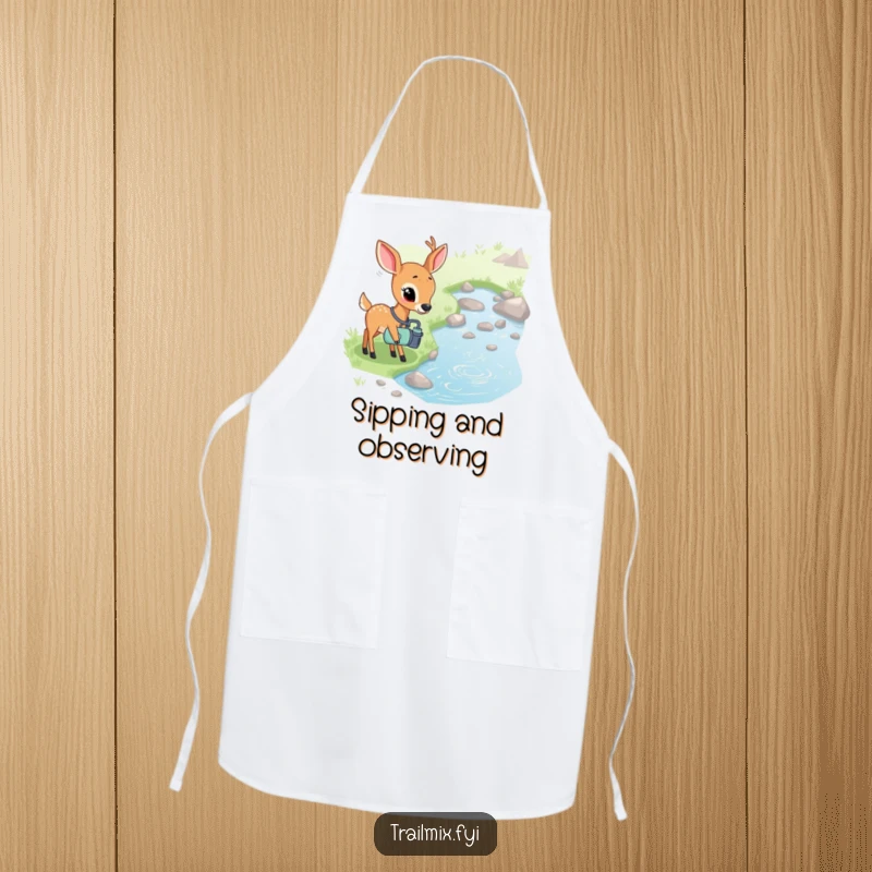 Funny apron of a shy deer with a canteen curiously observing a bubbling stream, perfect for peaceful kitchen moments.