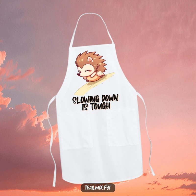 Funny hedgehog apron showing a determined character rolling like a ball, ready for kitchen duty with humorous, adventurous flair.
