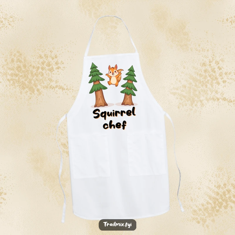 Funny squirrel apron showing a happy squirrel performing an energetic leap between two tall pine trees, ready for kitchen fun.