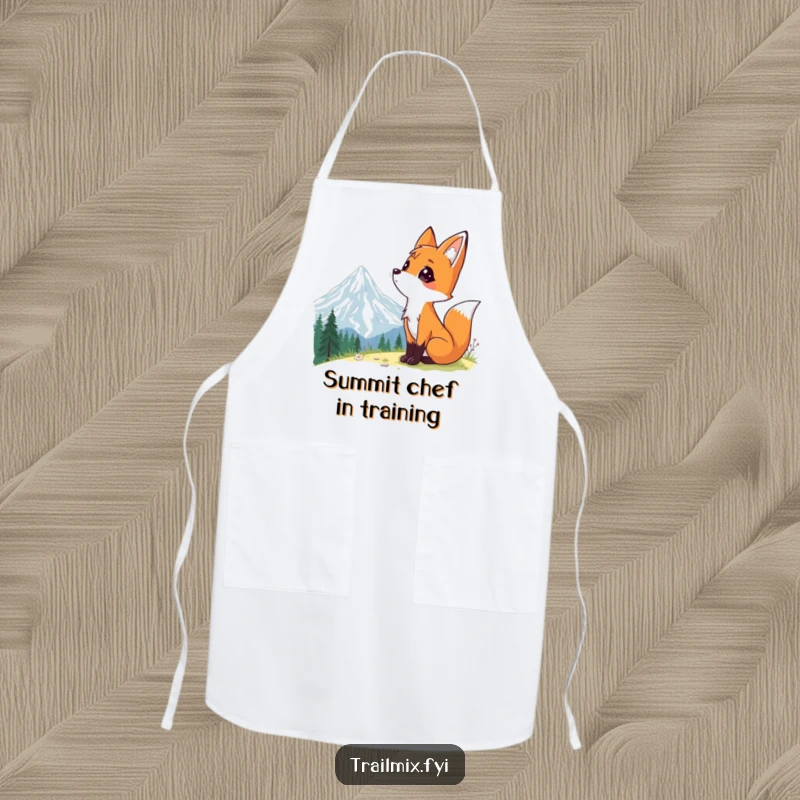 Funny apron showing a curious fox looking up at a mountain range, bringing a touch of adventure to kitchen duties.