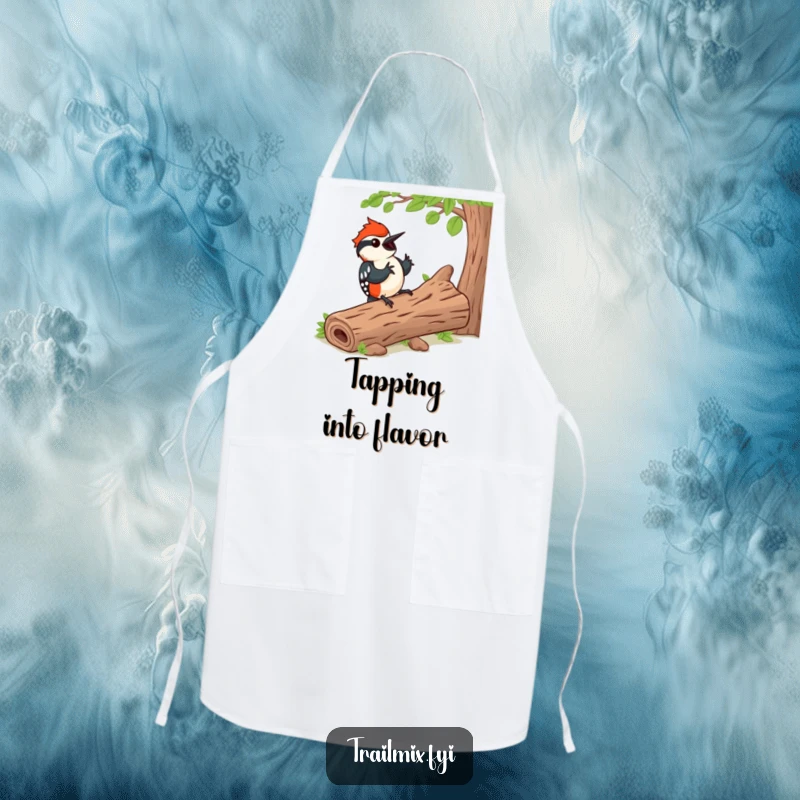 Funny apron with a happy woodpecker tapping a rhythm on a log, ideal for kitchen fun and a great funny gift.