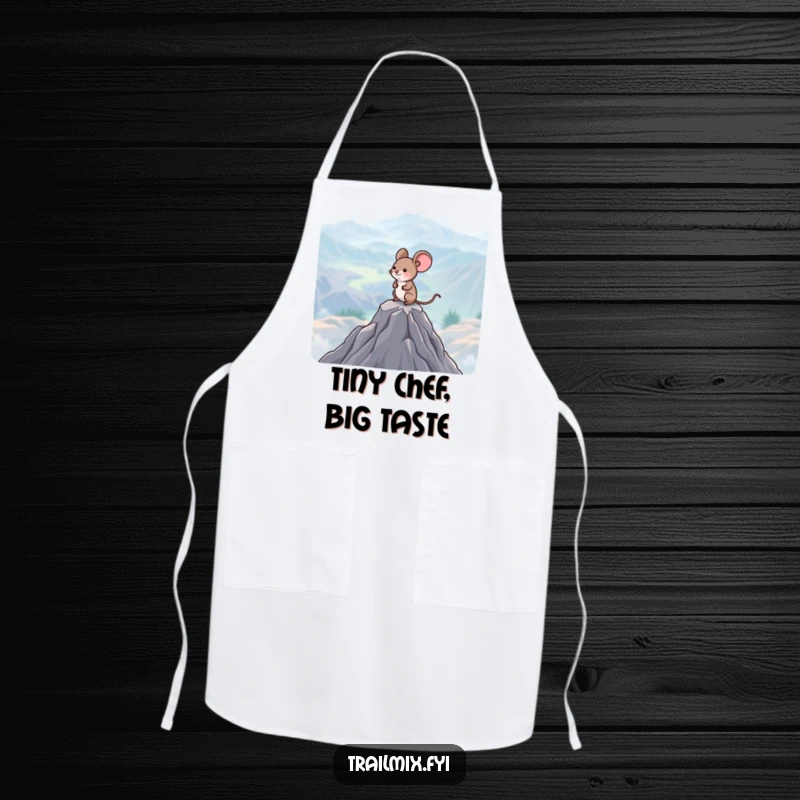 Funny Mouse Apron: A happy mouse surveys a vast landscape from a mountain peak, protecting clothes with humor.