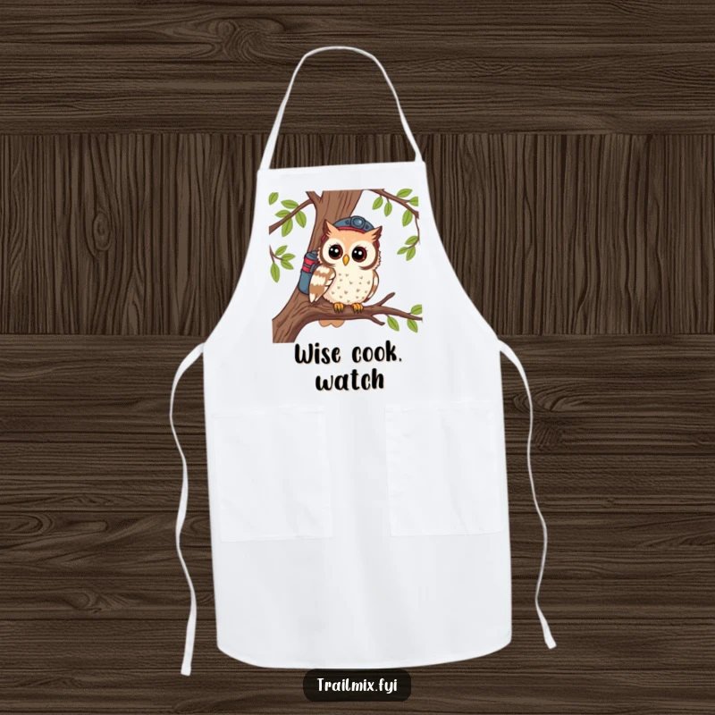 Funny apron showing a curious owl hiker looking out from a branch, adding a wise and whimsical touch to cooking.