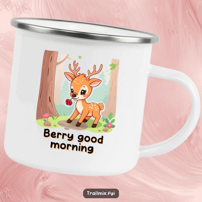 Funny camping mug showing a playful deer pausing on a forest path, nibbling a berry, ideal for outdoor brews.