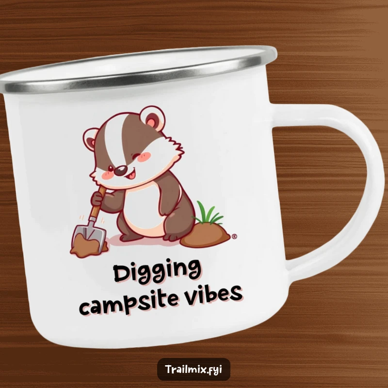 Funny camping mug showcasing an enthusiastic badger digging with a trowel, perfect for outdoor work and drinks.