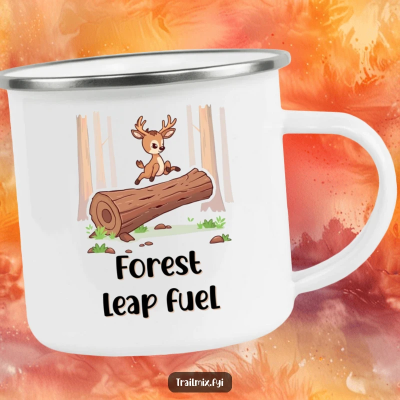 Funny camping mug with a determined deer character leaping gracefully over a log, ideal for outdoor adventures and warm beverages.