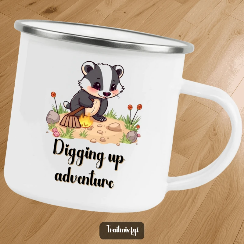 Funny camping mug shows an energetic badger digging with enthusiasm, ideal for outdoor drinks with a touch of driven humor.