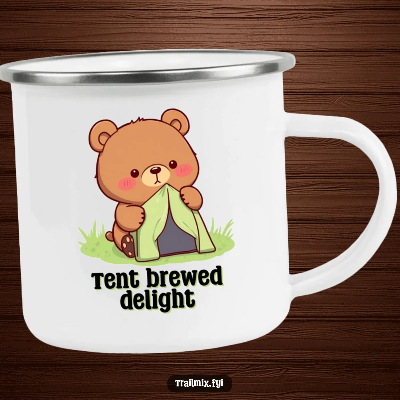 Funny determined bear character setting up a small tent, printed on a rugged camping mug.