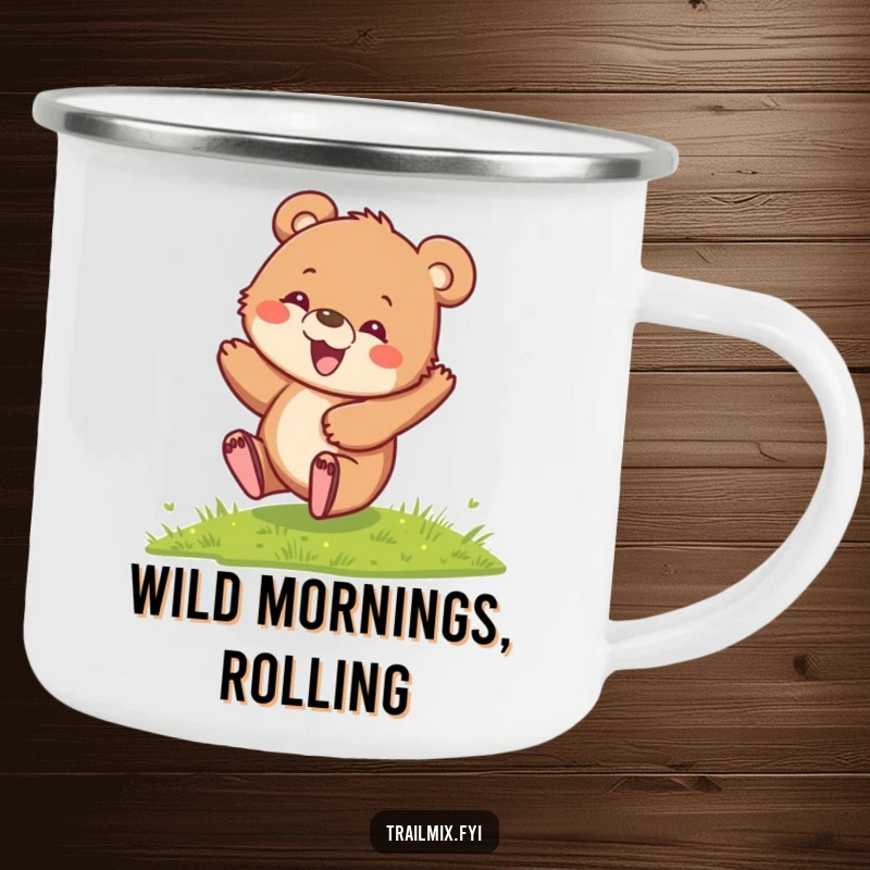 Funny Bear Cub Camping Mug showing a delighted cub rolling down a hill, perfect for adding playful humor to outdoor adventures.