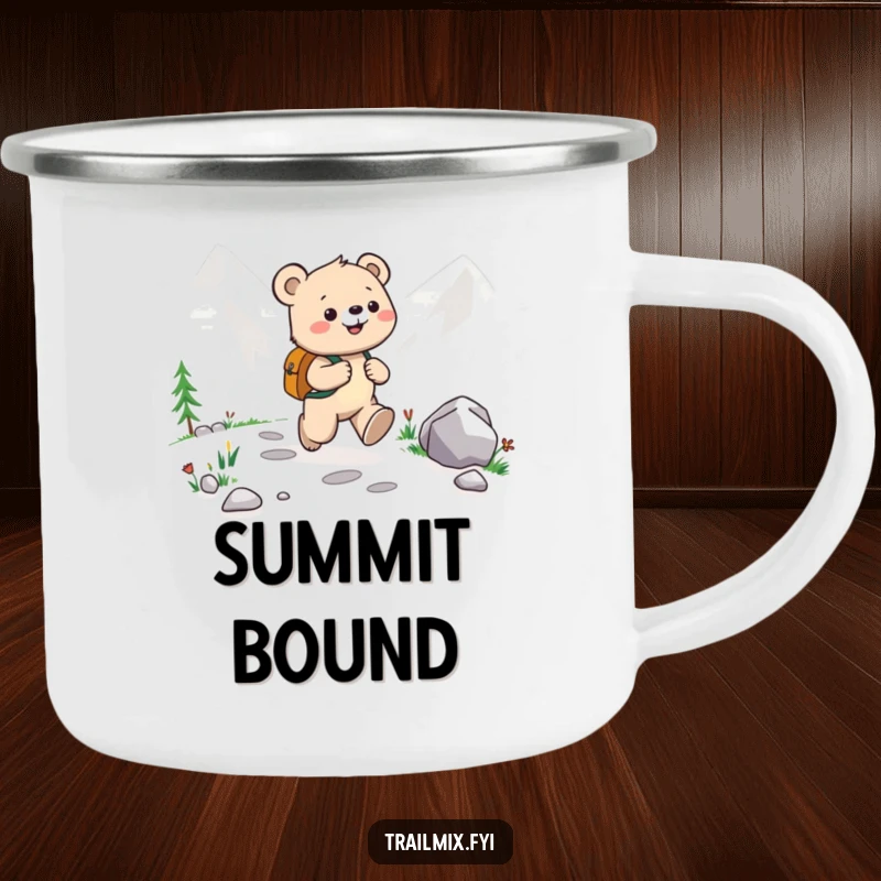 Funny Bear Cub Camping Mug: Durable mug with a happy bear cub joyfully skipping along a mountain path, perfect for outdoor enthusiasts.