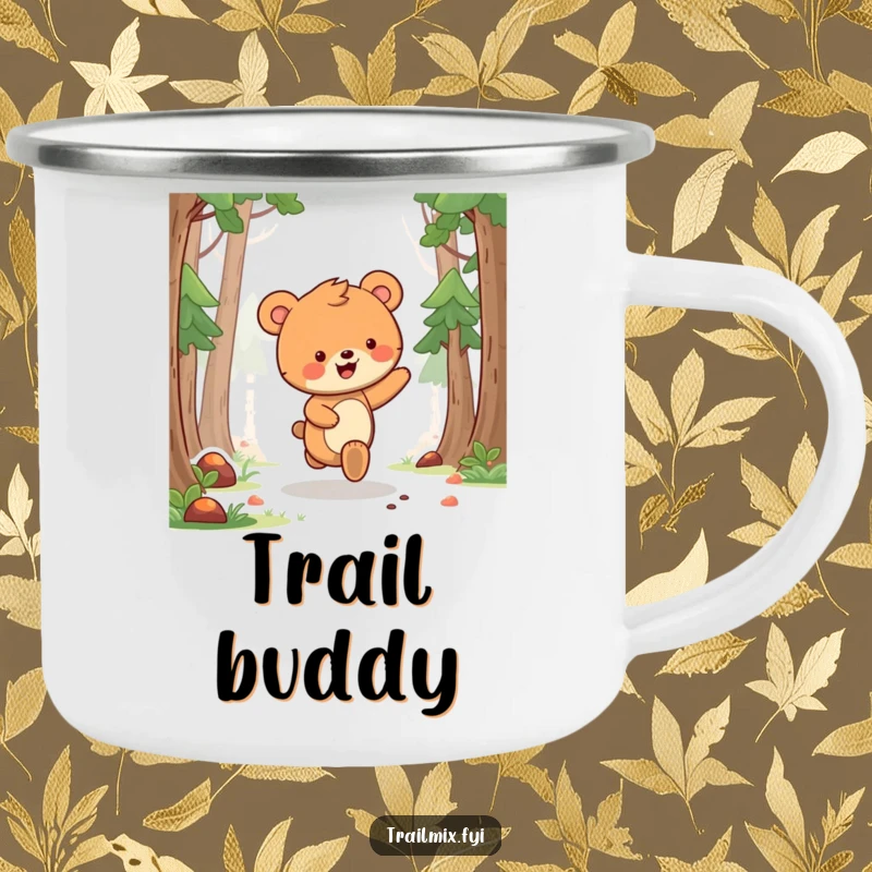 Funny bear cub camping mug showing a delighted bear cub skipping along a forest path, perfect for outdoor enjoyment.