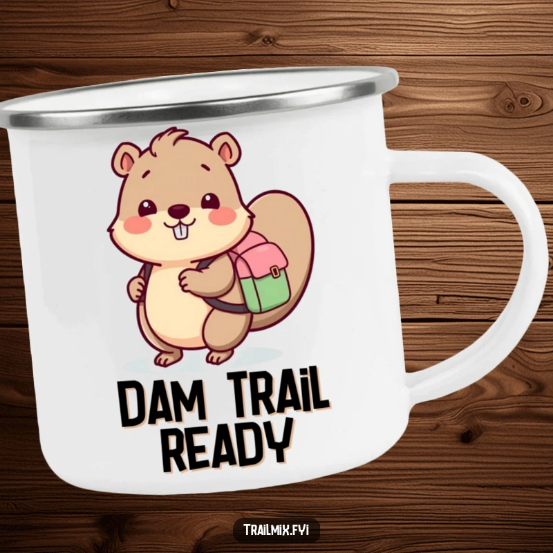 Funny camping mug showcasing a beaver with a backpack, perfect for outdoor adventures and enjoying drinks with a smile.