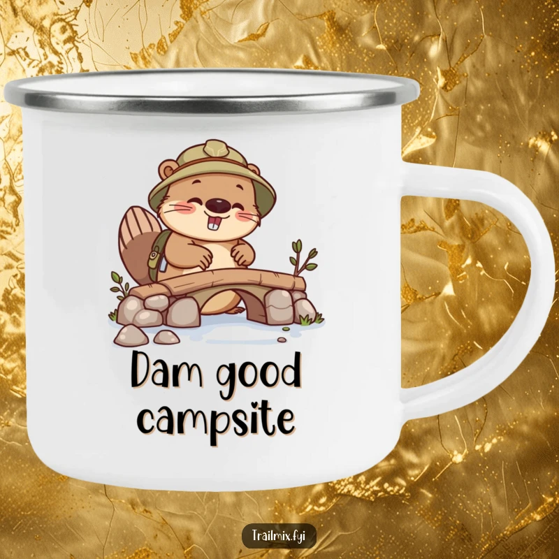 Funny beaver explorer camping mug, busy building, durable enamel, perfect for outdoor projects.