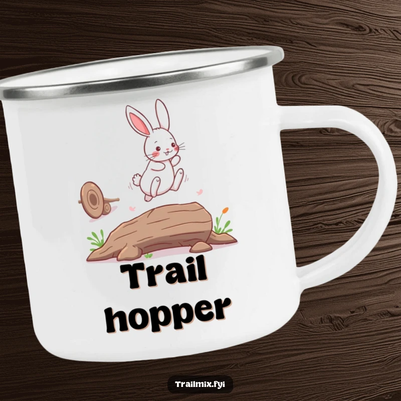 Funny bunny rabbit character camping mug, playfully leaping over a fallen log, designed for outdoor fun and warm drinks.